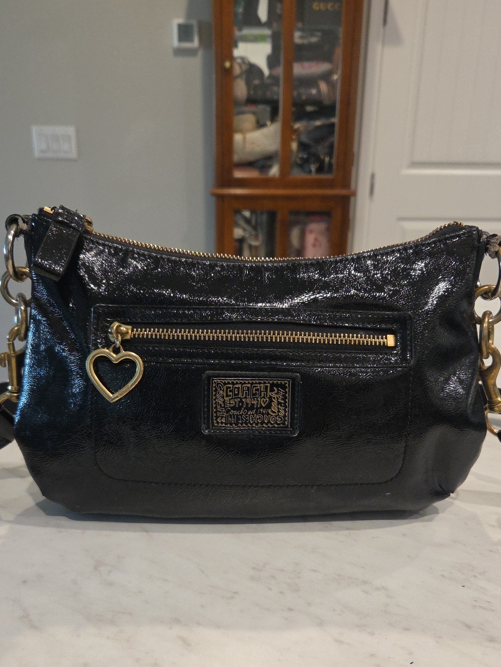 Coach Black Patent Shoulder Bag with Gold Heart Charm